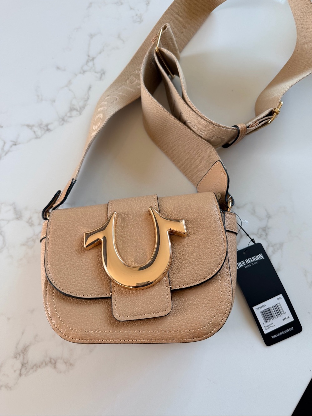 True Religion Tan Leather Crossbody Bag with Gold Logo